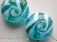Glassbeads gold decorated, flat round, turquoise, ±20mm, 2 pc.
