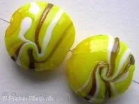 Glassbeads gold decorated, flat round, yellow, ±20mm, 2 pc.