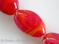 Glassbeads with decoration, flat oval, red, ±24mm, 2 pc.