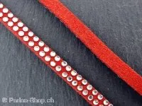 Imitation suede lace with rhinestones, red, ±5mm, ±1 meter