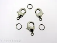 Stainless Steel Lobster Clasps with ring, Color: Platinum, Size: ±12 mm, Qty: 2 pc.
