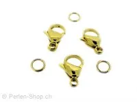 Edelstahl Karabiner Verschluss mit ring, Farbe: gold, Grösse: ±15 mm, Menge: 2 Stk