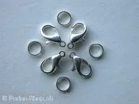 Lobster Clasp incl. double jump ring, 12mm, silver color, 10 pc.