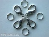 Lobster Clasp incl. double jump ring, 16mm, silver color, 10 pc.