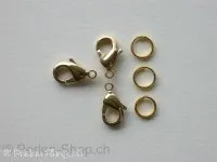 Lobster Clasp incl. double jump ring, 12mm, gold color, 10 pc.