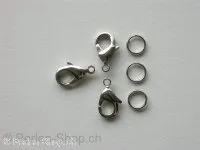 Lobster Clasp incl. double jump ring, 12mm, platinum color, 10 p