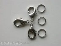 Lobster Clasp incl. double jump ring, 15mm, platinum color, 10 p