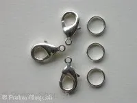 Lobster Clasp incl. double jump ring, 15mm, silver color, 10 pc.