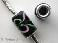 Troll-Beads Style Glasperlen, schwarz/grün/rosa, ±18x10mm, 1 Stk.