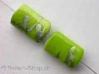 Plasticbeads cylinder flat with decoration, green, ±20mm, 3 pc.