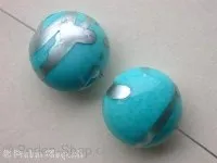 Plasticbeads round flat with decoration, turquoise, ±18mm, 2 pc.