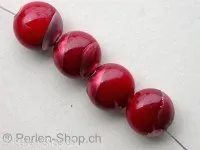 Plasticbeads round flat with decoration, red, ±12mm, 4 pc.