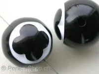 Kunststoffperle rund mit blume, schwarz/weiss, ±20mm, 1 Stk.