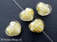Glas Heart with white core, Color: yellow, Size: ±15x18mm, Qty: 2 pc.